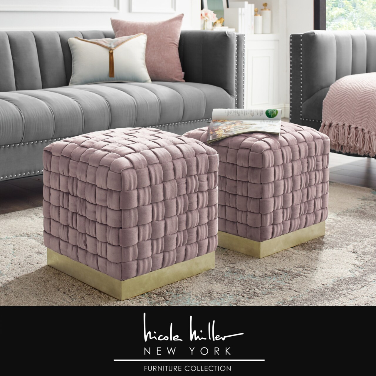 Nicole Miller Griffin Velvet Woven Cube Ottoman-Luxurious Upholstery- Stainless Steel Base-1 PC-By